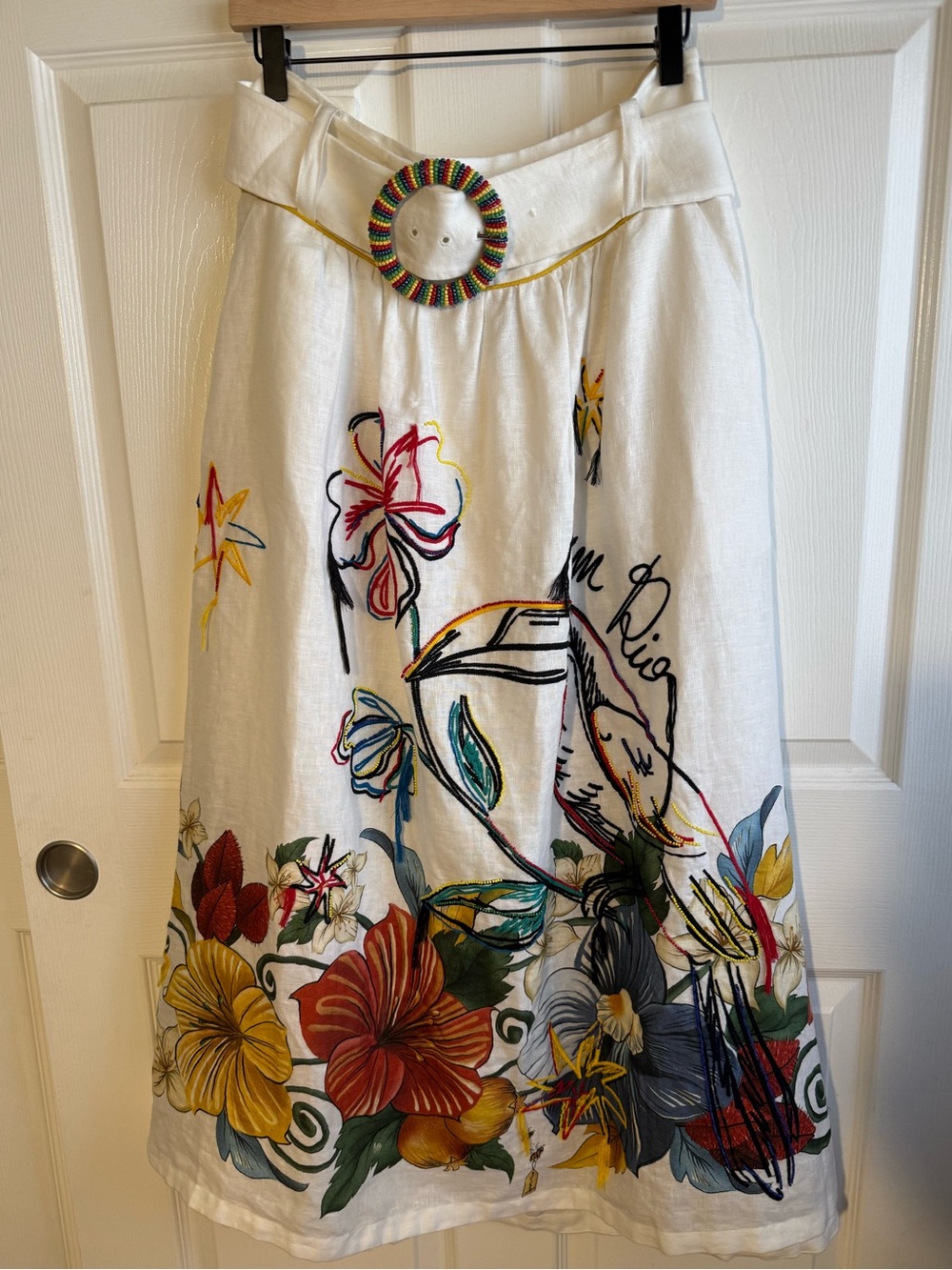 FARM Rio Off White Tropi Embroidered Euroflax Linen Maxi Skirt M - Picture 2 of 11